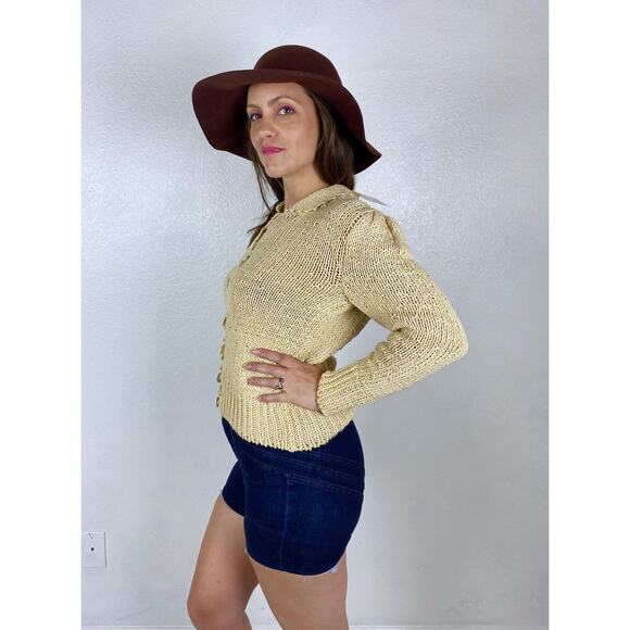 vintage 80s Beige PUFF SLEEVE Collared CARDIGAN S/Md sweater peasant Oktoberfest - Picture 7 of 10